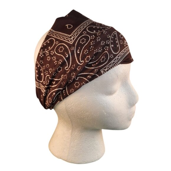 Brown Paisley Knit Headwrap Hairband Soft Stretchy Headband Fabric Unisex Sweatb - Picture 3 of 6